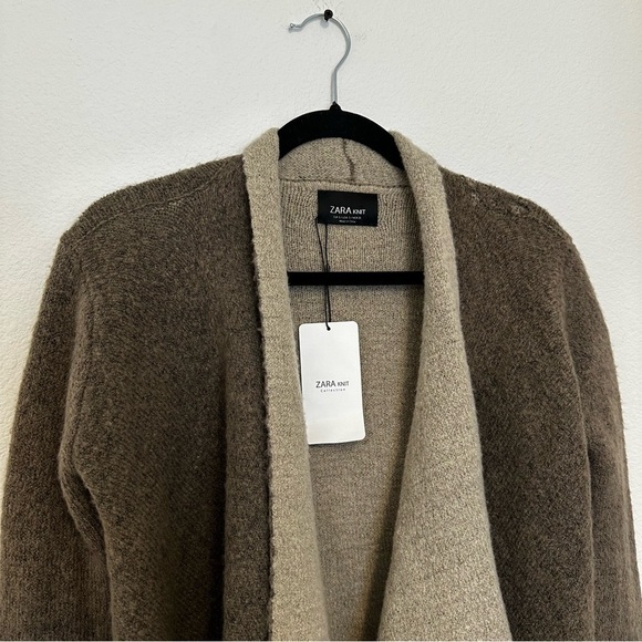 Zara Knit Two Tone Waterfall Cardigan Wool Blend Brown Mocha Size Small Women’s - Picture 2 of 11